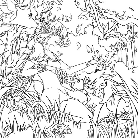 Coloring Page of a Fairy in the Forest