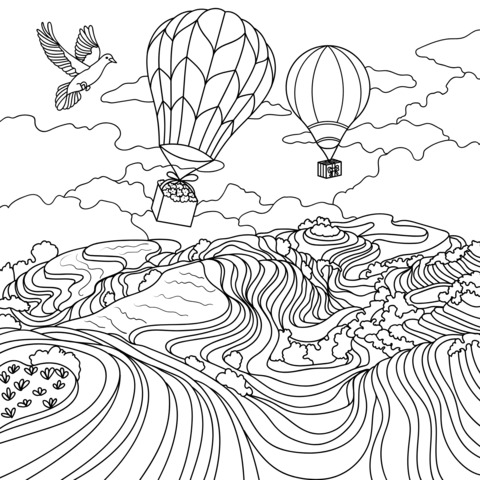 Hot Air Balloons over Fields Coloring Page