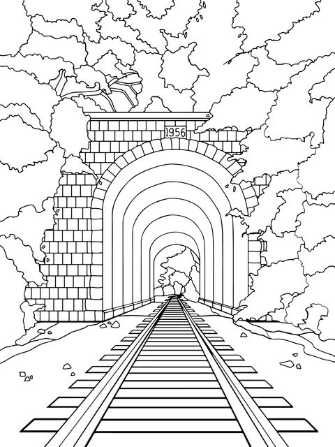 Página de Colorear del Túnel Ferroviario en Otoño