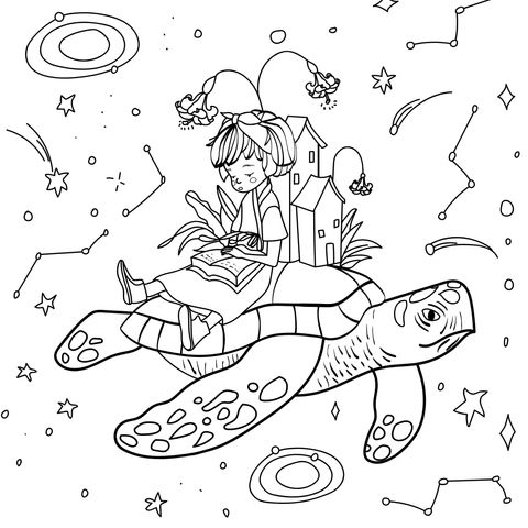 Coloring Page of a Girl Reading on a Magical Turtle