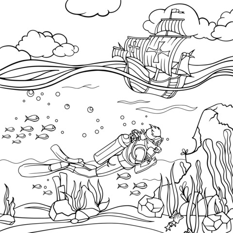 Diver and Pirate Ship Underwater Coloring Page