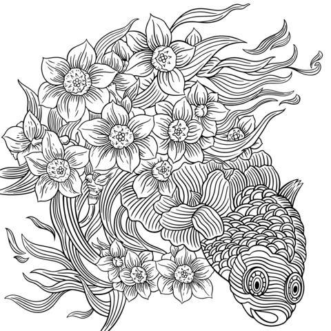 Flower and Goldfish Coloring Page