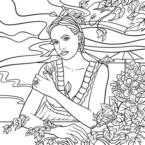 Female - themed Coloring Page: An Elegant Woman and Floral Scenery