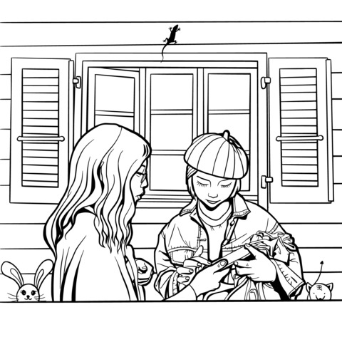 Coloring Page of a Cozy Scene with Two People and Small Animals