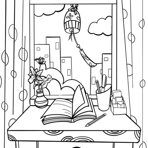 Coloring Page of a Desk by the Window