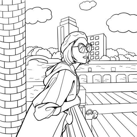 Fashionable Girl by the River Coloring Page