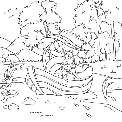 Coloring Page of a Girl Enjoying Autumn Scenery by Boat