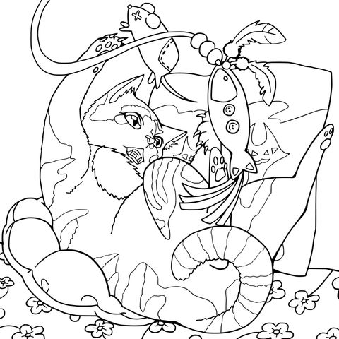 Cute Cat Playing Coloring Page