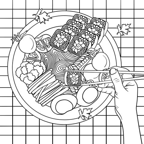 Página de colorear de comida colorida a mano: Un abundante plato asiático