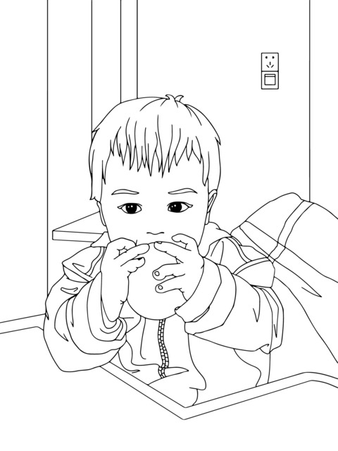 Coloring Page Scene of a Child Holding a Red Apple