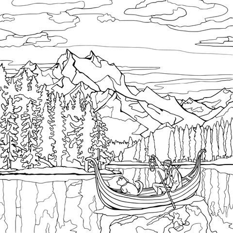 Coloring Page of a Serene Lake Scene with a Boater