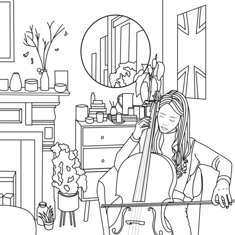 Coloring Page of a Girl Playing the Cello Indoors