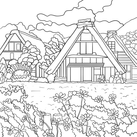 Japanese Gassho - zukuri House Landscape Coloring Page