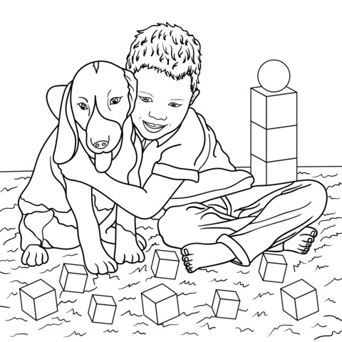 Página para colorear de un niño jugando con un perrito