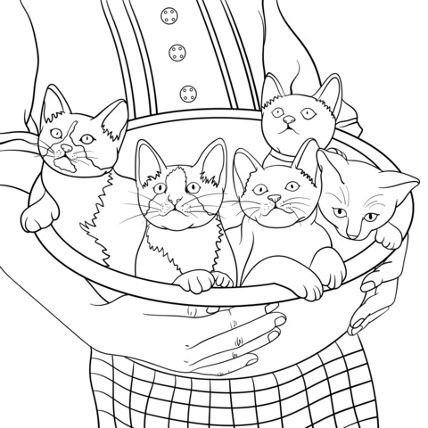 Dibujo para colorear de una escena cálida de alguien sosteniendo gatos