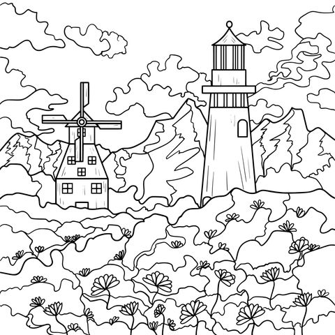 Windmill and Lighthouse in the Flower Sea