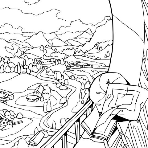 Balcony Scenery Coloring Page: Enjoy the Serene Rural Landscape