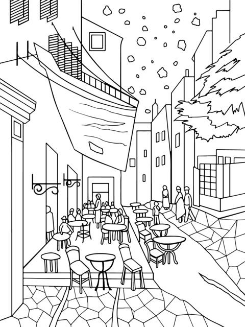 Página para Colorir do Café na Rua à Noite