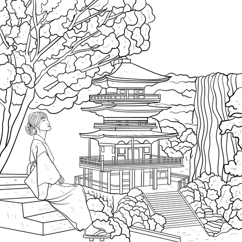 Kimono - clad Woman Admiring Cherry Blossoms and an Ancient Pavilion