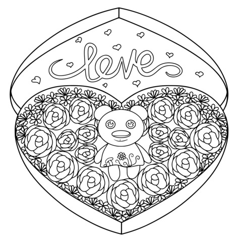 Página para colorir de uma caixa de presente em forma de coração com urso de pelúcia e flores