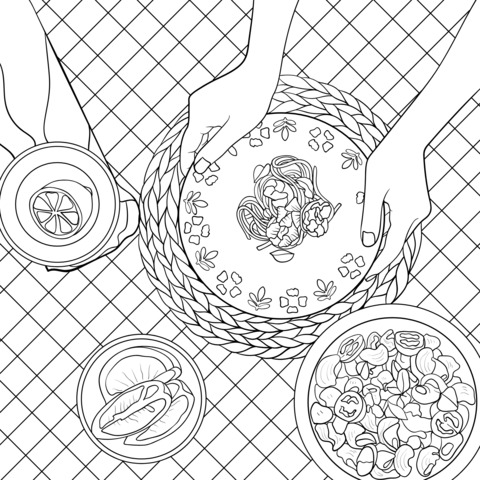 Outdoor Picnic Coloring Page: A Cozy Scene of Hands Arranging Food