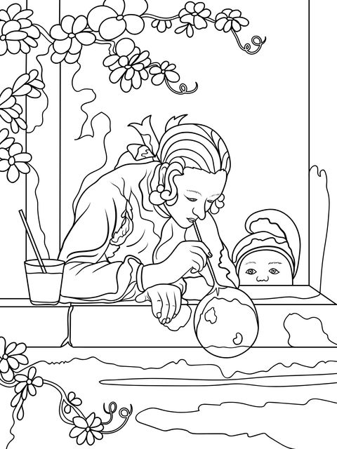 Coloring Page of a Scientist Interacting with a Child