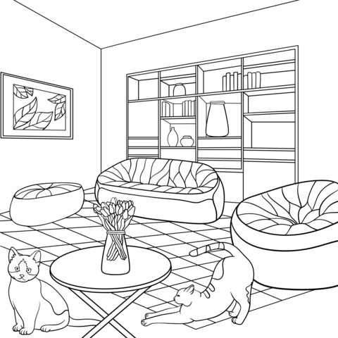 Página para colorir de uma sala aconchegante com gatos