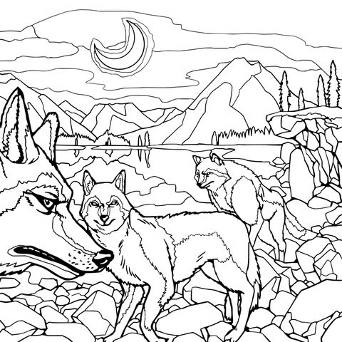 Coloring Page of Wolves under the Moon - lit Night Sky