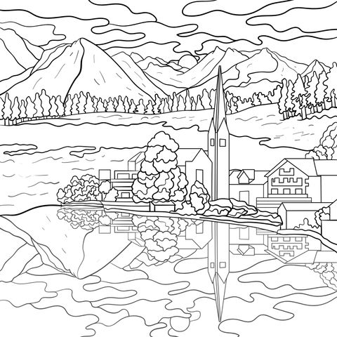 Beautiful Lakeside Town Landscape Coloring Page