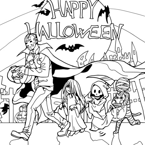 Página para Colorir de Halloween Feliz: Um Desfile de Personagens Fantasmas