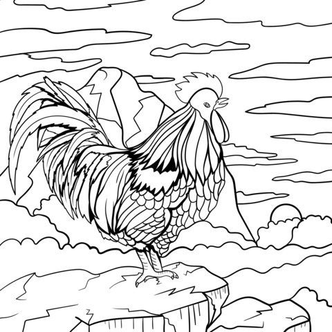 Rooster - themed Coloring Page: Gorgeous Feathers and Mountain Scenery