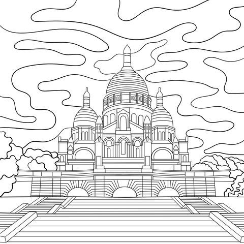 Sacré - Cœur Coloring Page: Architectural Beauty under a Dreamy Pink Sky