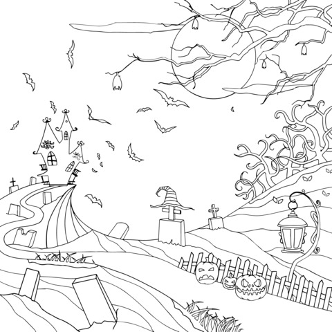 Halloween - themed Coloring Page: Eerie Moonlit Ghostly Scene