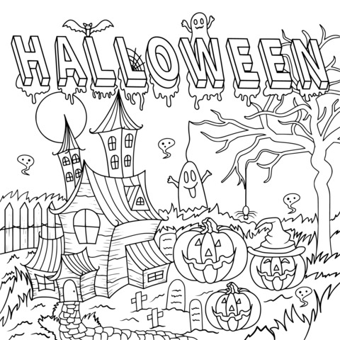 Halloween - themed Coloring Page: Ghosts, Pumpkins and a Haunted House