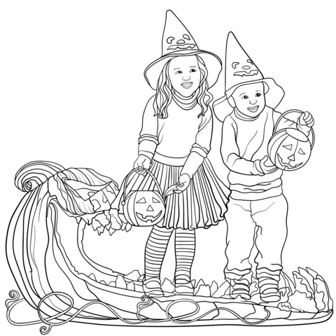 Colorear página de niños en disfraces de Halloween y calabaza