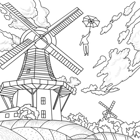 A person flying with an umbrella beside a windmill