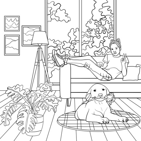 Relaxing Indoor Scene Coloring Page: Girl and Dog's Leisure Time