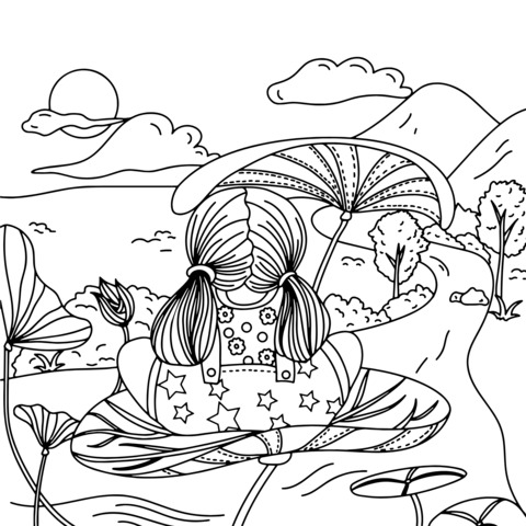 Coloring Page of a Little Girl Admiring the Scenery on a Lotus Leaf