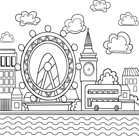 Cityscape Coloring Page: Ferris Wheel and Colorful Buildings