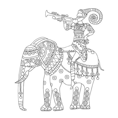 Coloring Page of a Person Riding an Elephant and Playing a Trumpet