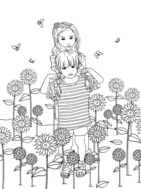 Heart - warming Interaction of Sisters in Sunflower Field Coloring Page