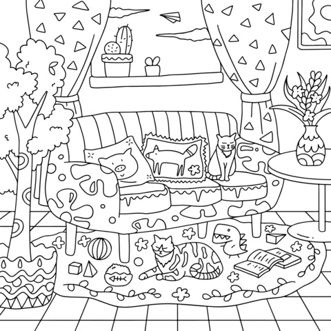 Página de Colorear de una Escena Interior con Gatos Adorables