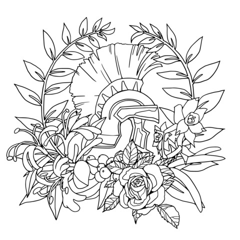 Ancient Greek Helmet and Floral Coloring Page