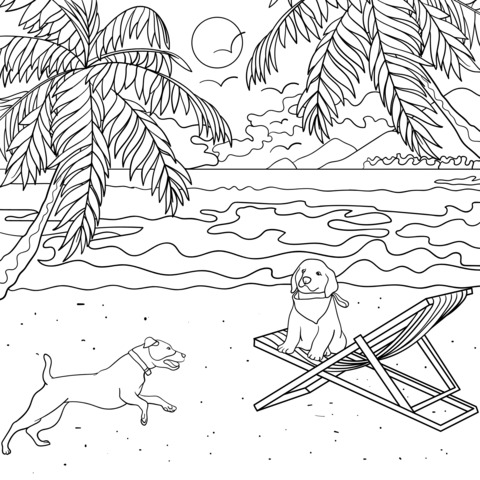 Coloring Page of Dogs Playing on the Beach