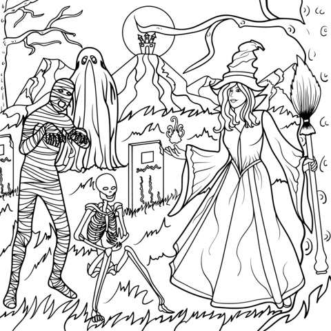 Halloween Fantasy Scene Coloring Page