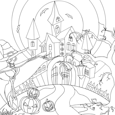 Halloween - themed Coloring Page: Skeleton Witch and Haunted House