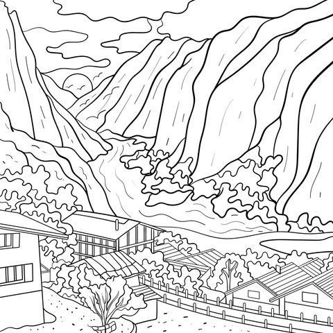 Página para colorear de un hermoso paisaje de valle y pueblo