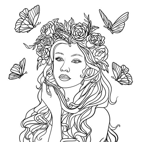 Dreamy Girl with Butterflies and Flower Ornaments