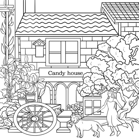 Coloring Page of a Candy House and a Walking Woman