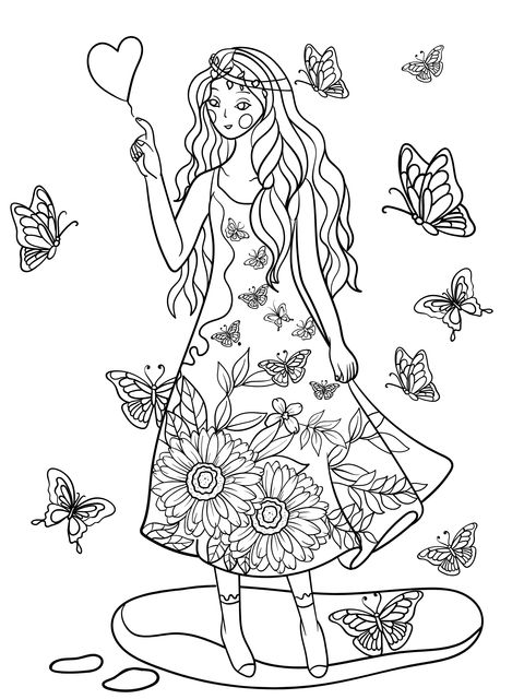 Página de Colorear de una Chica en un Vestido Floral Sosteniendo un Corazón Rojo y Mariposas